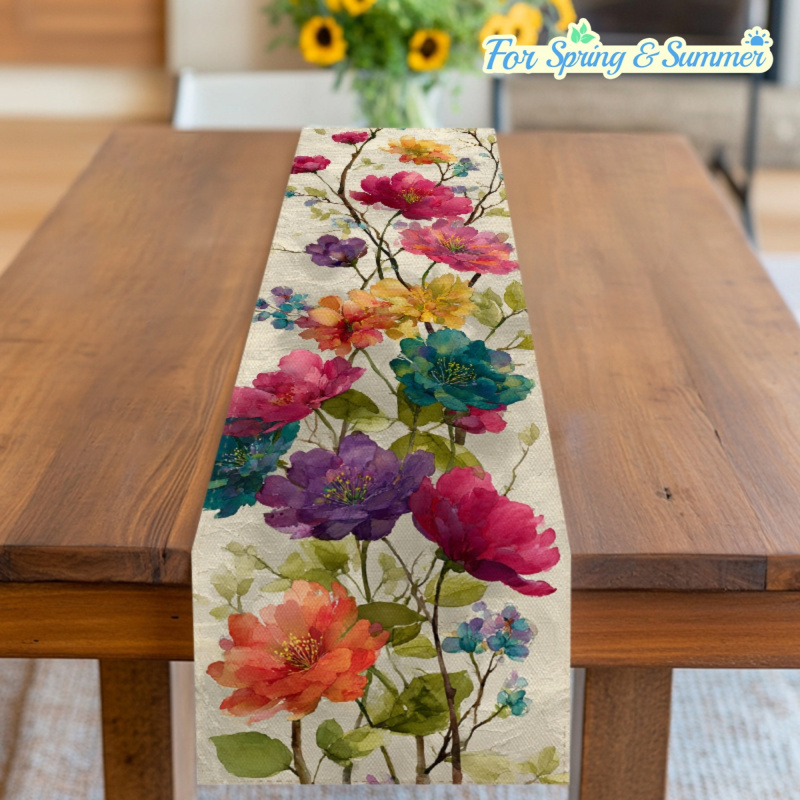 Linen Table Runner - VIKAMA Watercolor Floral Pattern Table Runner